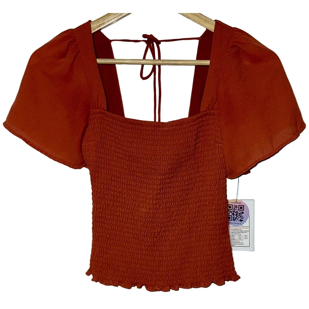 NEW Abercrombie & Fitch Red Smocked Bodice Puff Sleeve Short Sleeve Blouse Sz XS